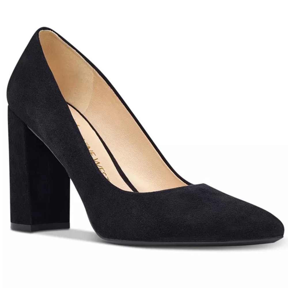 Nine West Womens Size 6 Black Leather Block‎ Heel Point Toe Heels Pumps Shoes